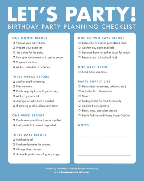 birthday party list check off