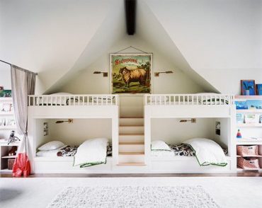 a quad of bunk beds in a bunk room for kids (via lonny magazine)
